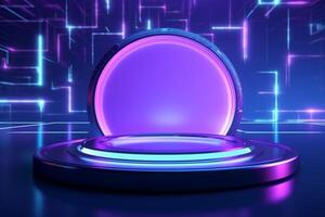 3d render, abstract background, empty podium, neon light, round stage photo