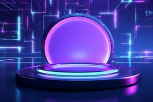 3d render, abstract background, empty podium, neon light, round stage Ai Generative photo