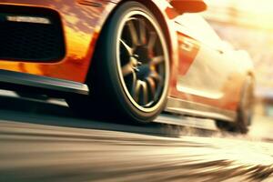 Burning sport car on the road. 3d rendering image. Ai generated photo