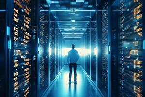 Rear view of businessman standing in server room and looking at data center photo