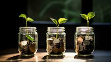 Three glass jars at the same time with coins and green plant, business and marketing stock photos