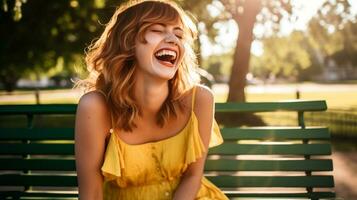 un joven mujer sentado en un banco en un parque, mental salud imágenes, fotorrealista ilustración foto