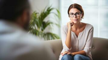 A person sitting in a therapists office, mental health images, photorealistic illustration photo