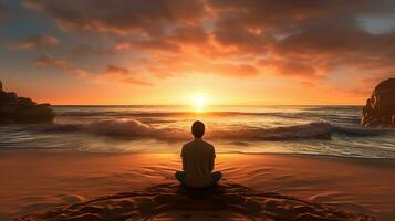 A person sitting on a beach watching the waves roll in, mental health images, photorealistic illustration photo