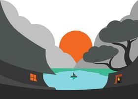 Sunrise village with lake gray morning flat abstract design for painting wall decoration vector