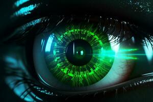 Close-up of human eye with digital binary code. 3D rendering Ai Generative photo