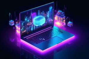 Isometric laptop with a circuit board on the background of the city. Vector illustration. photo