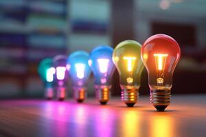 Idea concept with fluorescent light colorful bulbs. 3d render illustration. photo