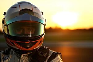Racing driver in helmet and sportswear on blurred background. photo