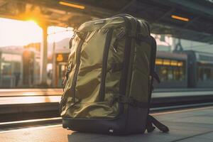 Traveler backpack on the platform of the railway station at sunset. Ai Generated photo