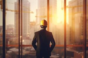 Back view of engineer in hardhat at construction site. Mixed media Generative Ai photo