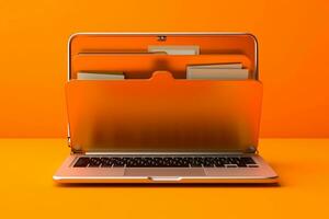 Laptop and folder on orange background. 3d rendering. Computer digital drawing. Ai Generated photo