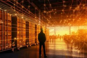 Silhouette of businessman looking at container cargo freight ship in port with network connection concept Ai Generative photo