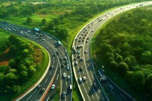 aéreo ver de autopista con carros Moviente en la carretera a puesta de sol. foto