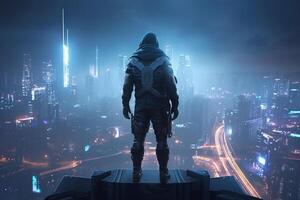 Rear view of a businessman standing in front of a futuristic city photo
