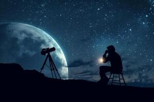 Silhouette of photographer with camera on tripod against night sky background photo
