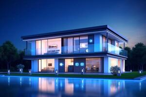 3d rendering of modern cozy house with pool and parking for sale or rent in luxurious style photo