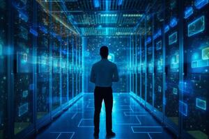 Back view of businessman standing in server room with binary code. Innovation concept photo
