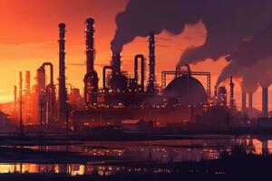 Oil refinery at sunset 3d render Ai Generated photo