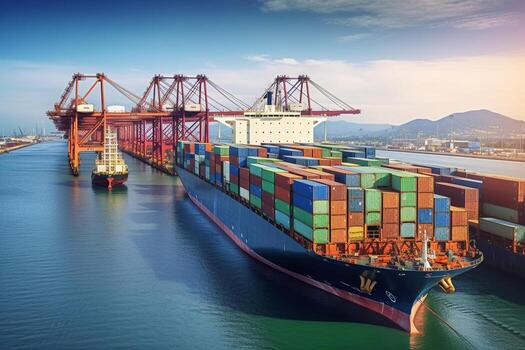 envase carga carga Embarcacion con trabajando grua puente a oscuridad para logístico importar exportar antecedentes generativo ai foto