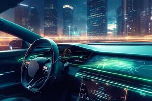 View of the inside of a modern car in the night. 3d rendering Ai Generated photo