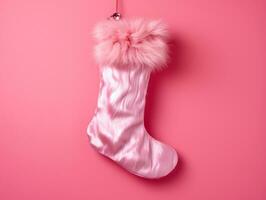 A santa stocking is shown on a pink background, christmas image, 3d illustration images photo