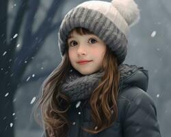 A young girl wearing hat in the cold, christmas image, photorealistic illustration photo