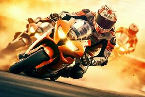 Motocross rider in action on the race track. Studio shot. Ai generated photo