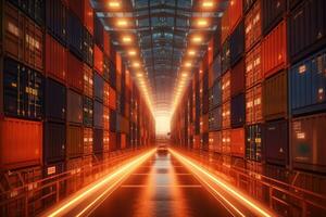 Cargo container with light trails on the road at night. Logistics and transportation concept. photo