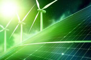 Green energy background with wind turbines and solar panels. 3D rendering photo