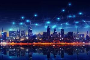 Modern city at night with connection lines on the background. photo