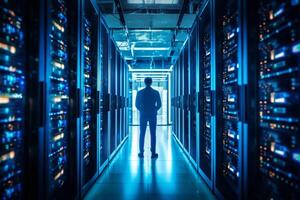 Rear view of businessman standing in server room and looking at data center photo