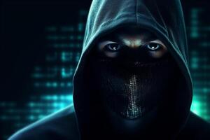 Portrait of a hacker in a black hoodie on a dark background photo