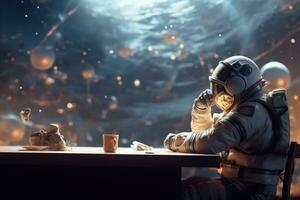 Astronaut in a gas mask sits at the table with a bottle of medicine. Ai Generative photo