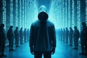 Hooded hacker with binary code on a dark blue background. photo