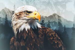 Bald Eagle in the mountains. 3D illustration. Vintage style. Ai Generated photo