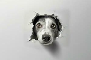 Funny black and white border collie looking through hole in paper Ai Generative photo