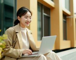 A photo of an asian woman using a laptop in front of a building, international internet day stock photos