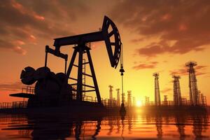 Oil pumps in oilfield at sunset. 3d render illustration. photo