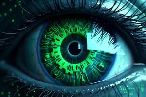 Close-up of human eye with digital binary code. 3D rendering photo