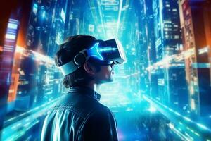 Young girl with virtual reality headset or 3d glasses over cityscape background photo