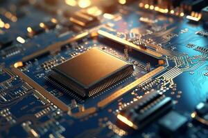 Close up of electronic circuit board with processor. 3d rendering photo