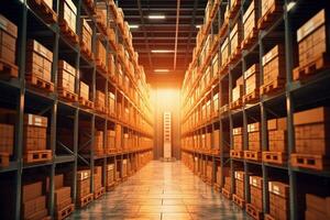 A large warehouse with rows of boxes. 3d rendering toned image photo