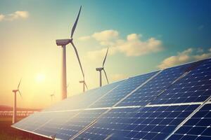 Solar panels and wind turbines generating electricity at sunset. Alternative energy source. photo