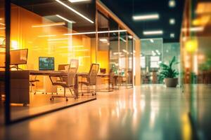 Workplace with computers in the office at night. 3d rendering. photo