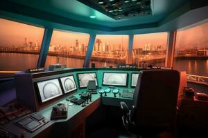 Futuristic Ship control room with computers and monitors, 3d rendering. Computer digital drawing. photo