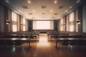 Interior of a lecture hall with rows of chairs and tables. 3d rendering Generative Ai photo