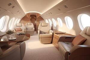 Modern Interior of airplane with seats and window view. 3d rendering Ai Generated photo