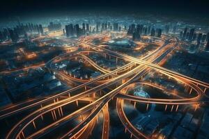 3d ilustración de un autopista en el ciudad a noche con luces ai generativo foto