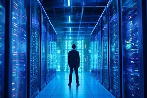 Rear view of businessman standing in server room and looking at data center photo